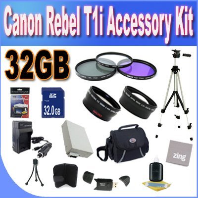 Canon T1I Accessory Saver Kit 58mm Wide Angle Lens + 58mm 2X Telephoto Lens + 58mm 3 Piece Filter Kit + 32GB SDHC Memory + Extended Life Battery Accessory Saver Bundle!