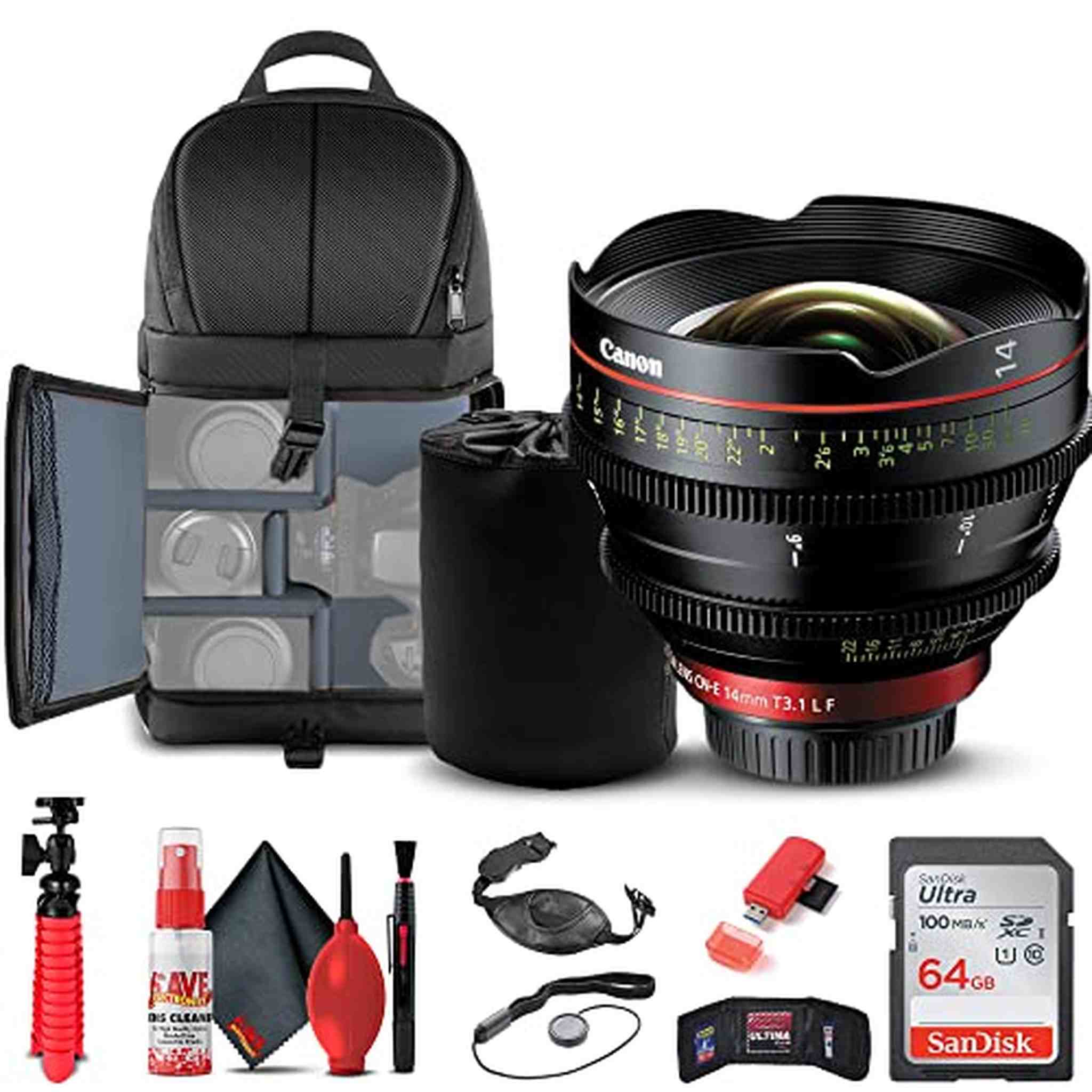 Canon CN-E 14mm T3.1 L F Cinema Prime Lens EF Mount 8325B001 + BackPack + More - Reconditioned Canon