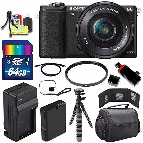 Sony Alpha a5100 Mirrorless Digital Camera with 16-50mm Lens Black + Battery + Charger + 64GB Bundle 3 - International