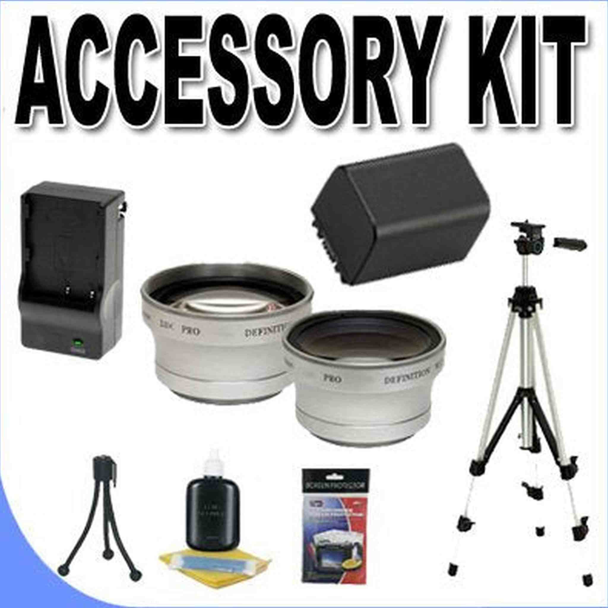 FH100 Lithium Ion Replacement Battery/Charger BigVALUEInc Accessory Saver Tripod Lens Bundle f/ Sony Camcorders