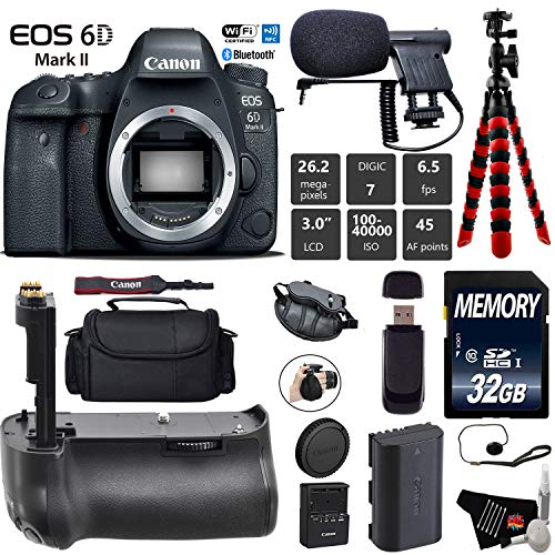 Canon EOS 6D Mark II DSLR Camera (Body Only) + Professional Battery Grip + Condenser Microphone + Case + Wrist Strap Starter Bundle