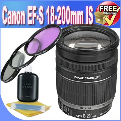 Canon EF-S 18-200mm f/3.5-5.6 is Lens + 72mm 3 Piece Professional Filter Kit + Lens Bundle