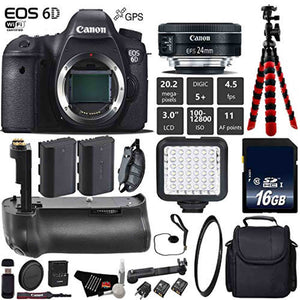 Canon EOS 6D DSLR Camera with 24mm f/2.8 STM Lens + Professional Battery Grip + UV Protection Filter + LED Kit + Extra B Canon