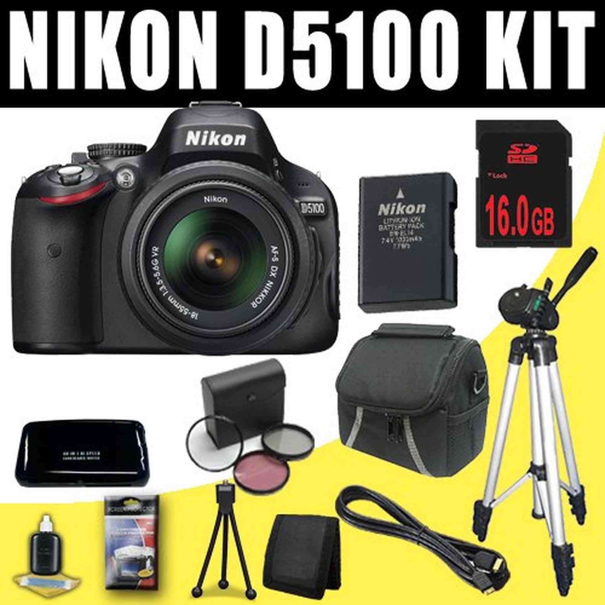 Nikon D5100 16.2MP CMOS Digital SLR Camera with 18-55mm f/3.5-5.6 AF-S DX VR Nikkor Zoom Lens + Nikon EN-EL14 + 16GB Deluxe Accessory Kit Nikon