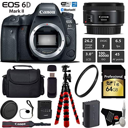 Canon EOS 6D Mark II DSLR Camera with 50mm f/1.8 STM Lens + Wireless Remote + UV Protection Filter + Case + Wrist Strap Pro Bundle