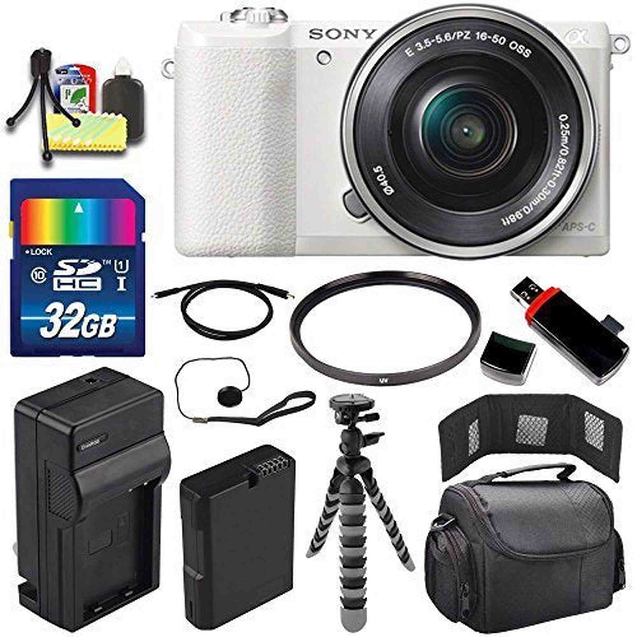 Sony Alpha a5100 Mirrorless Digital Camera with 16-50mm Lens White + Battery + Charger + 32GB Bundle 2 - International Sony