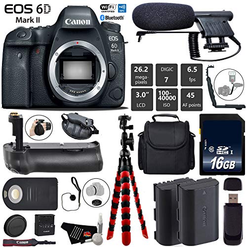 Canon EOS 6D Mark II DSLR Camera (Body Only) + Professional Battery Grip + Condenser Microphone + Extra Battery + Case Base Bundle