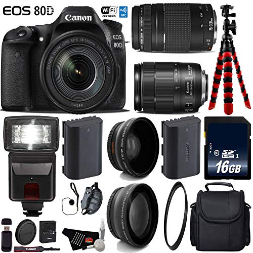 Canon EOS 80D DSLR Camera with 18-135mm is STM Lens & 75-300mm III Lens + Flash + UV FLD CPL Filter Kit Advanced Bundle