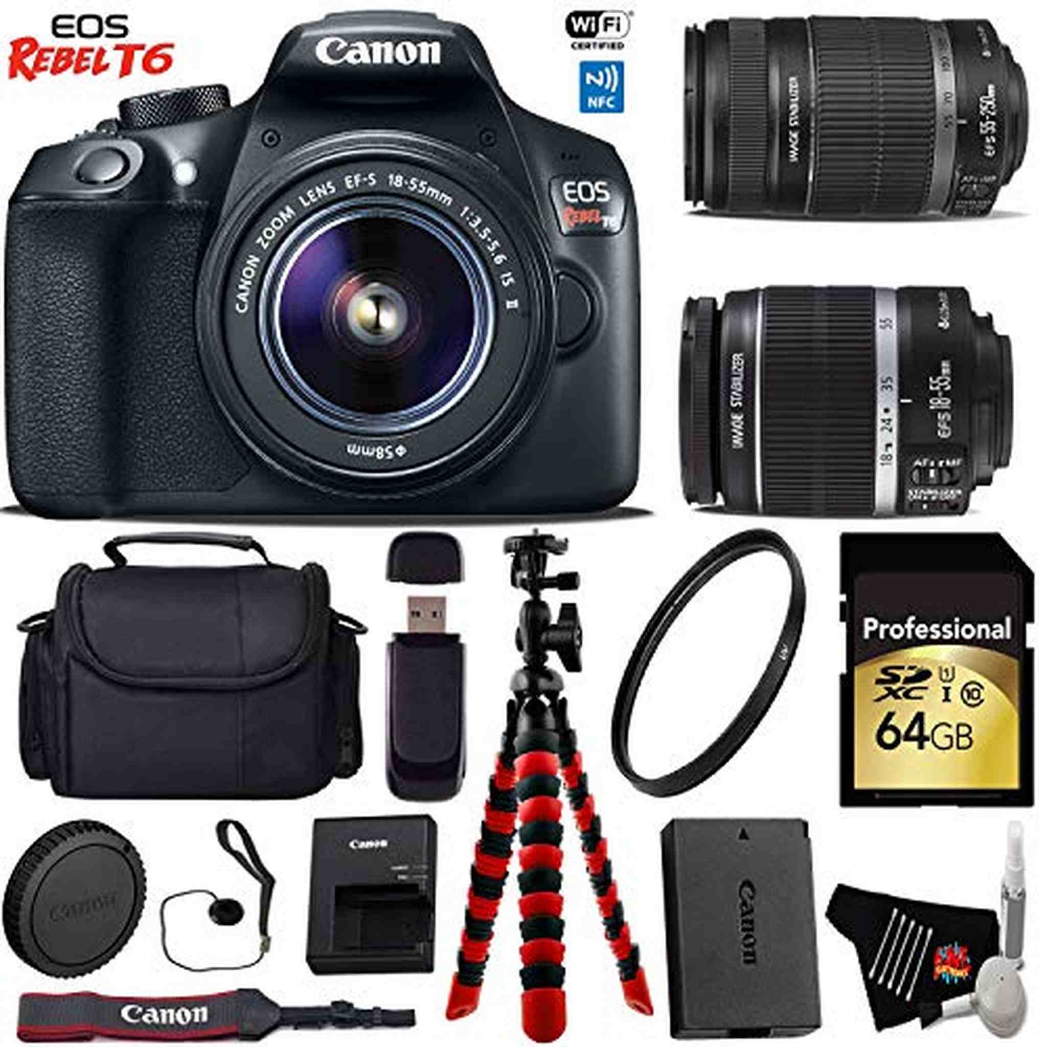 Canon EOS Rebel T6 DSLR Camera with 18-55mm is Lens & 55-250mm is II Lens + Flexible Tripod + UV Protection Filter + Pro Canon