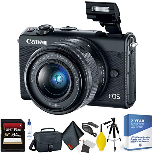 Canon EOS M100 Mirrorless Digital Camera with 15-45mm Lens (Black) + 64GB Memory Card + Mega Accessory Kit + 2 Year Acci