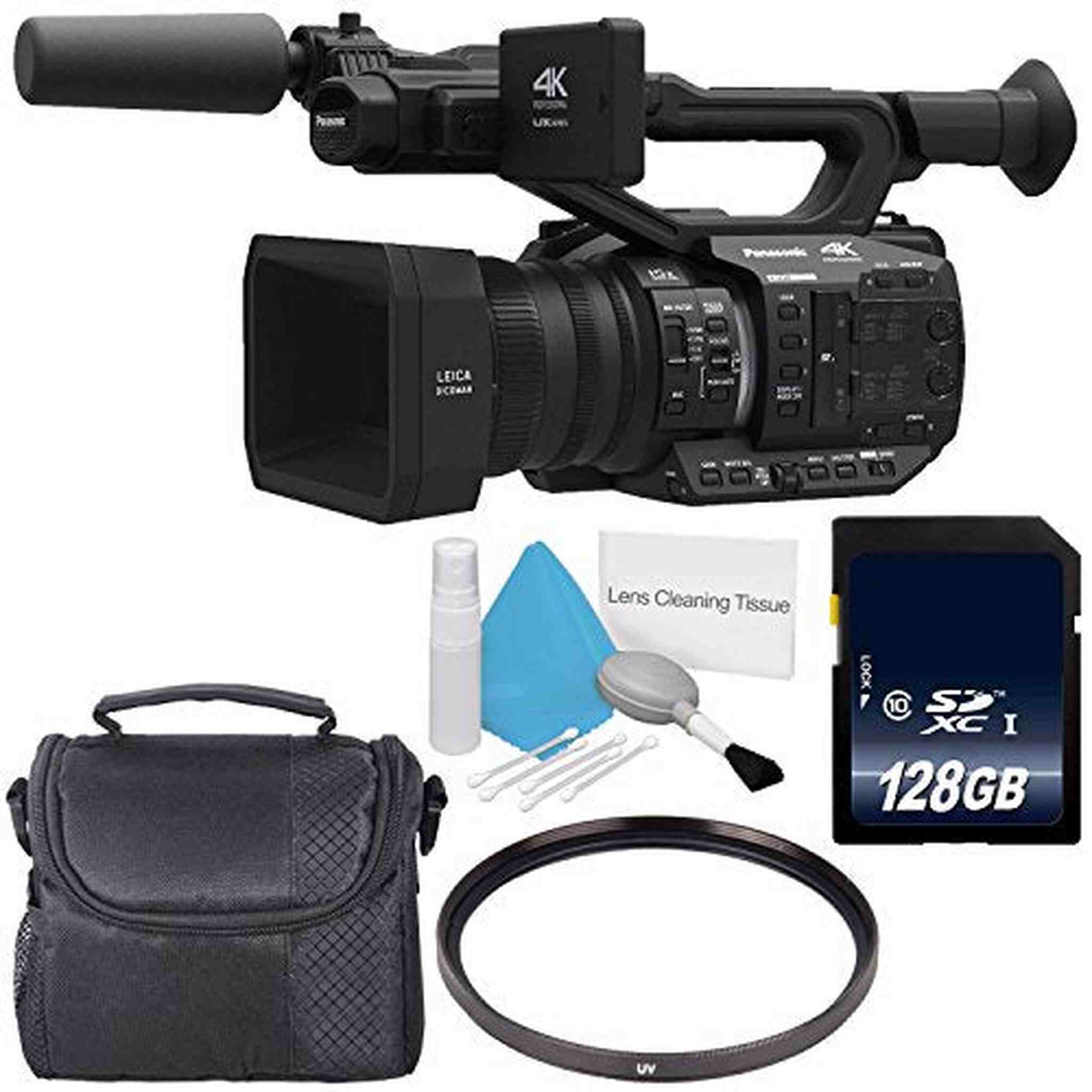 Panasonic AG-UX90 4K/HD Professional Camcorder + 128GB SDXC Class 10 Memory Card + 67mm UV Filter + Deluxe Cleaning Kit