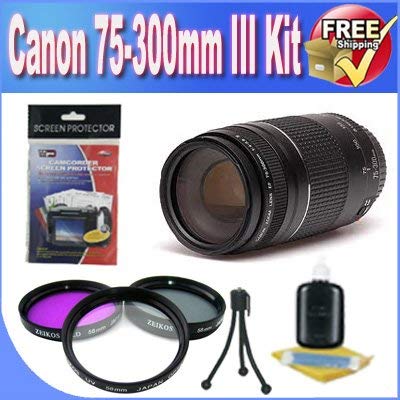 Canon EF 75-300mm f/4-5.6 III Telephoto Zoom Lens for Canon SLR Cameras + 3 Piece Professional Filter Kit + Accessory Saver Bundle