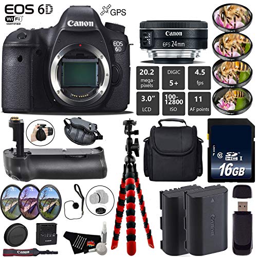 Canon EOS 6D DSLR Camera with 24mm f/2.8 STM Lens + Professional Battery Grip + 4PC Macro Filter Kit + LED Kit + Extra B
