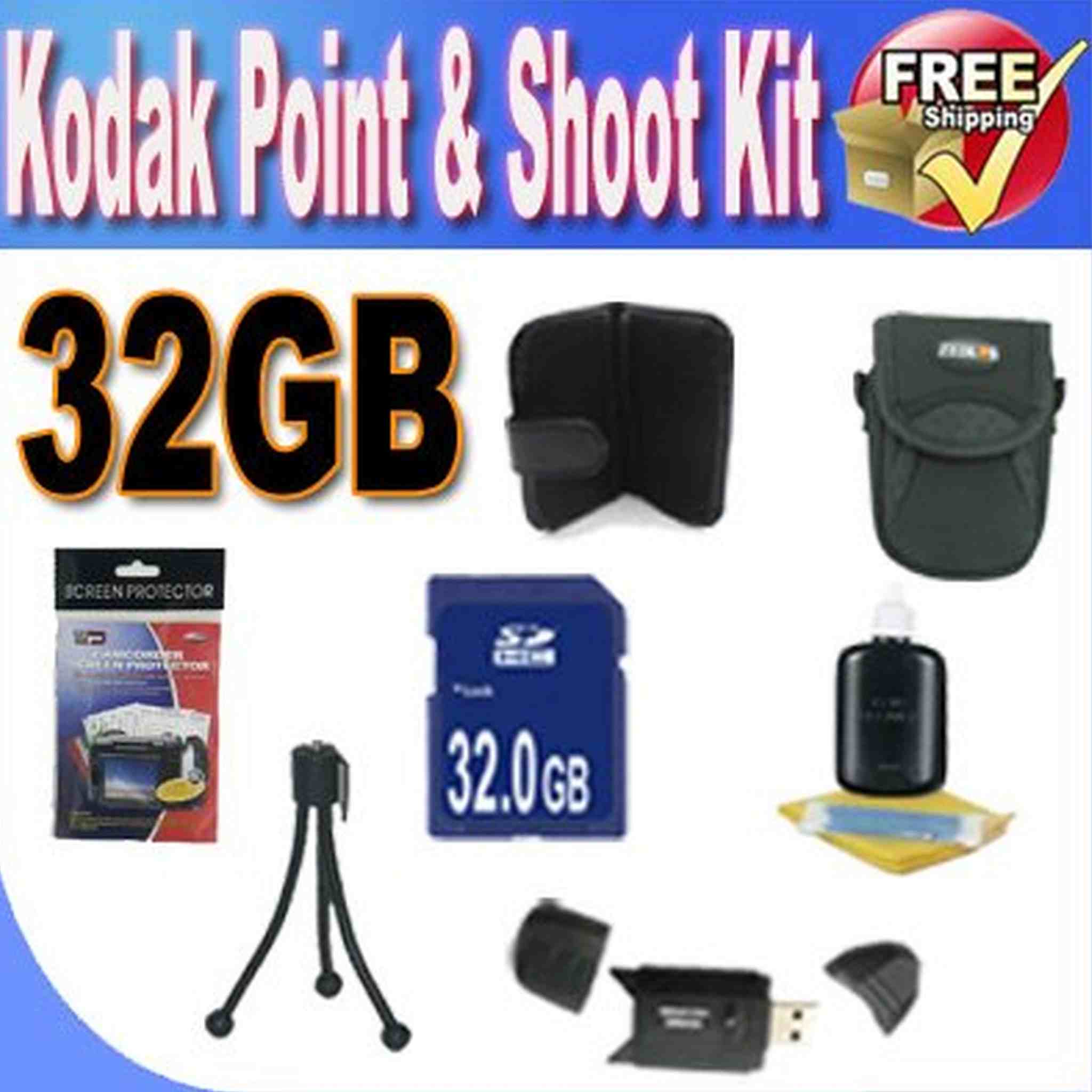 Kodak Point & Shoot Accessory Saver Bundle! 32GB SDHC Memory + USB Card Reader + Memory Card Wallet + Deluxe Camera Case w/Strap + Lcd Screen Protectors + Mini Tripod + Accessory Saver Bundle!