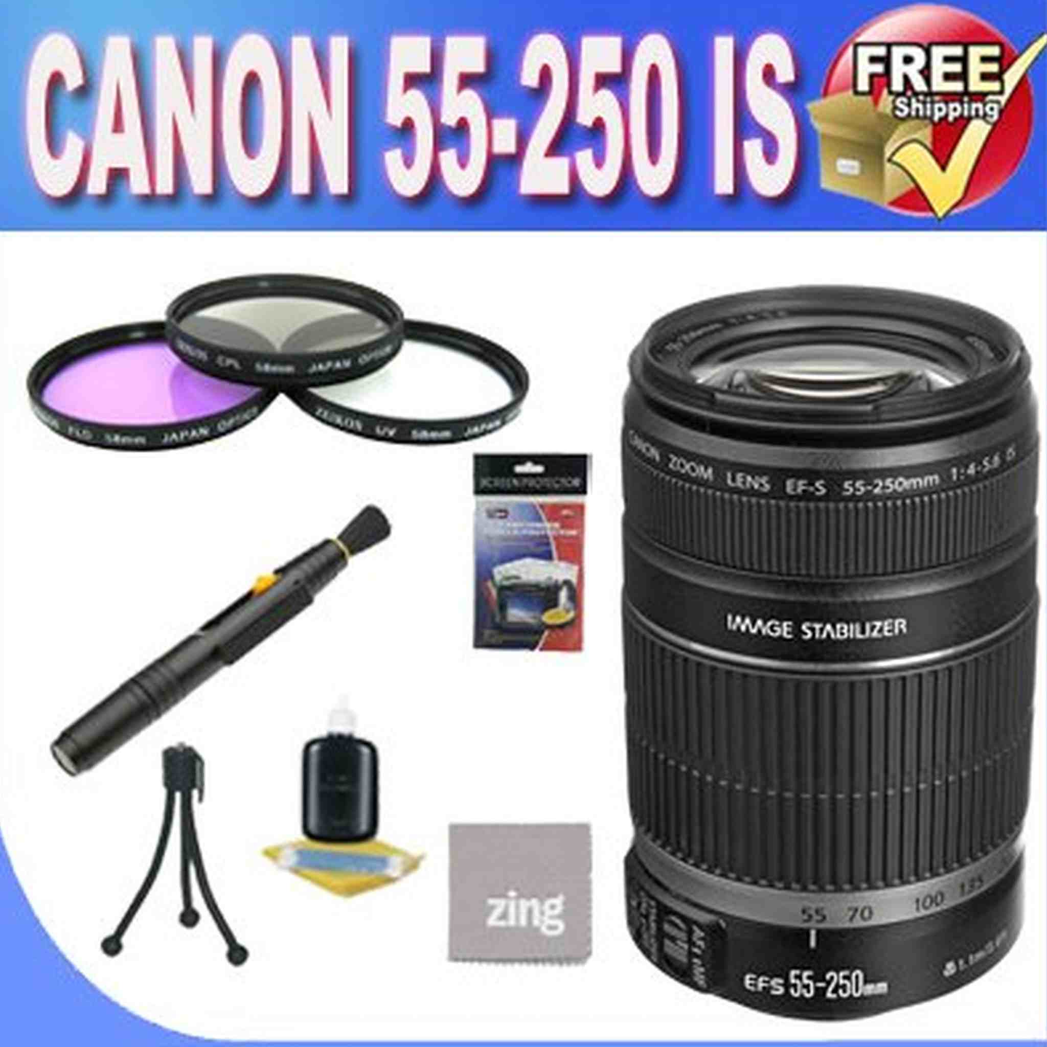 Canon 55-250 Lens EF-S is 4-5.6 + 3 Piece Filter Kit + Lens Pen Cleaner + Microfiber Cleaning Cloth + Accessory Saver Bu