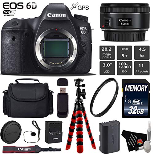 Canon EOS 6D DSLR Camera with 50mm f/1.8 STM Lens + Wireless Remote + UV Protection Filter + Case + Wrist Strap + Tripod