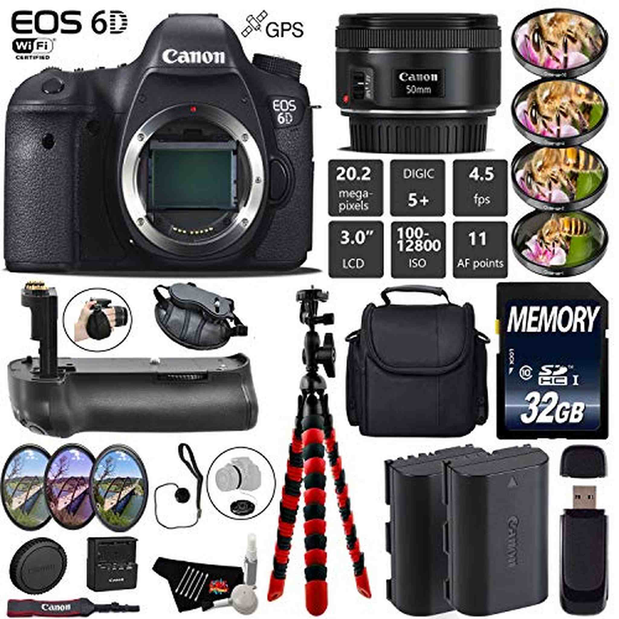 Canon EOS 6D DSLR Camera with 50mm f/1.8 STM Lens + Professional Battery Grip + 4PC Macro Filter Kit + LED Kit + Extra B Canon