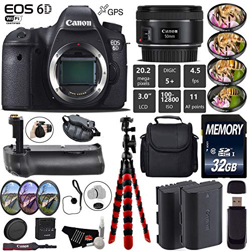 Canon EOS 6D DSLR Camera with 50mm f/1.8 STM Lens + Professional Battery Grip + 4PC Macro Filter Kit + LED Kit + Extra B