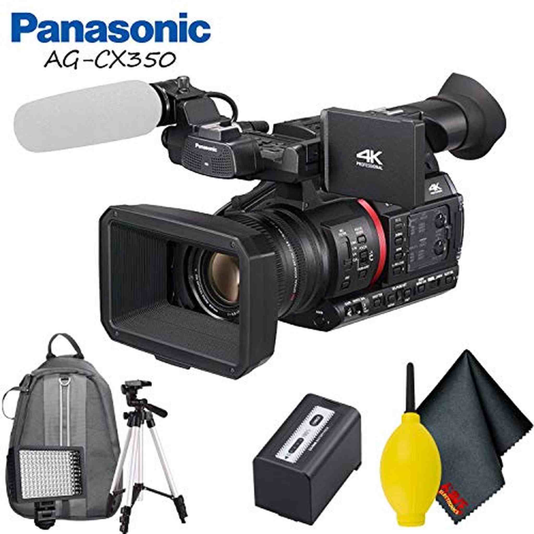 Panasonic AG-CX350 4K Camcorder Accessory Bundle with Cleaning Kit, Backpack, Tripod, and LED Light