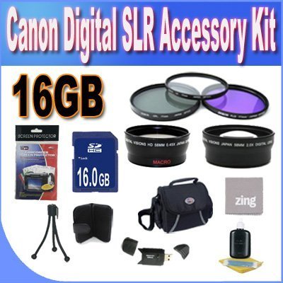 Accessory Saver Kit for Canon SLR 58mm Wide Angle Lens + 58mm 2X Telephoto Lens + 58mm 3 Piece Filter Kit + 16GB SDHC Memory Accessory Saver Bundle!