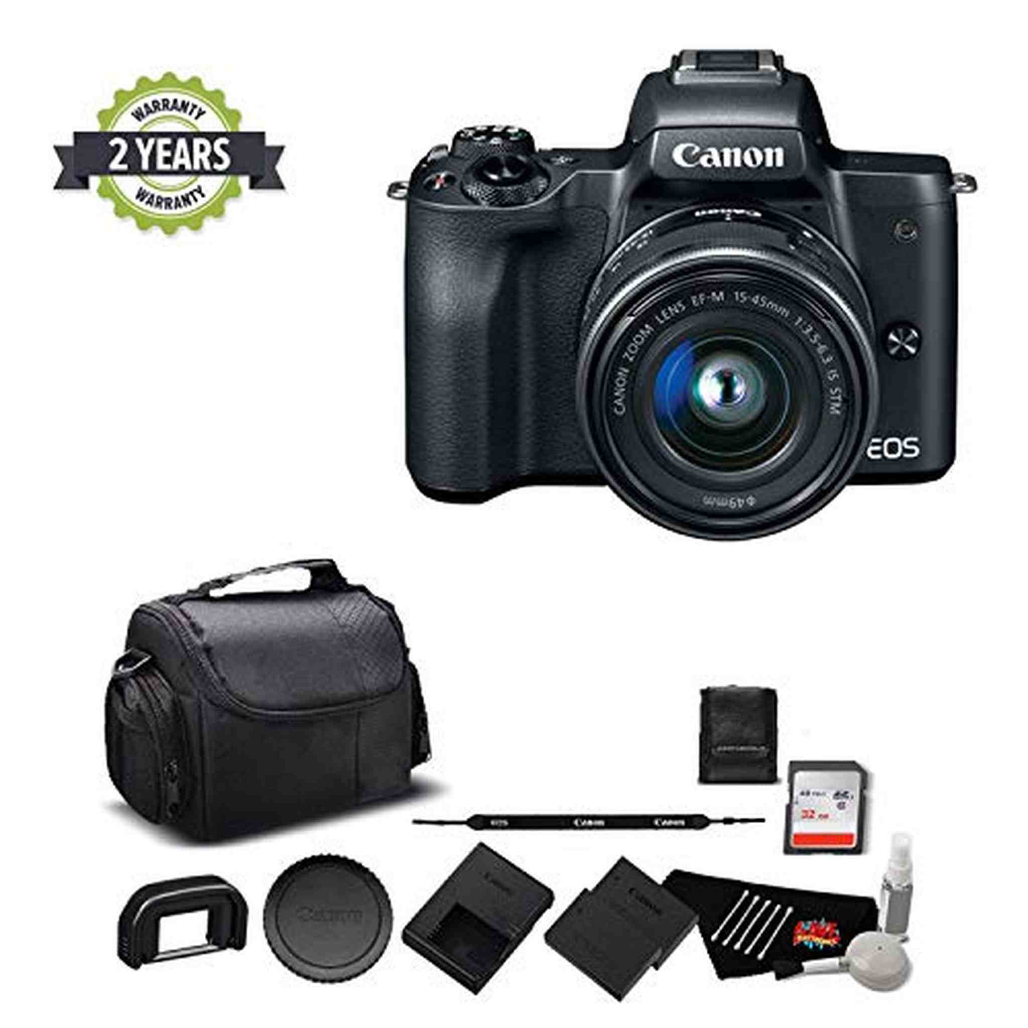 Canon EOS M50 Mirrorless Digital Camera with 15-45mm Lens and 4K Video 2680C011 Bundle with 32GB Memory Card + Spare Bat Canon