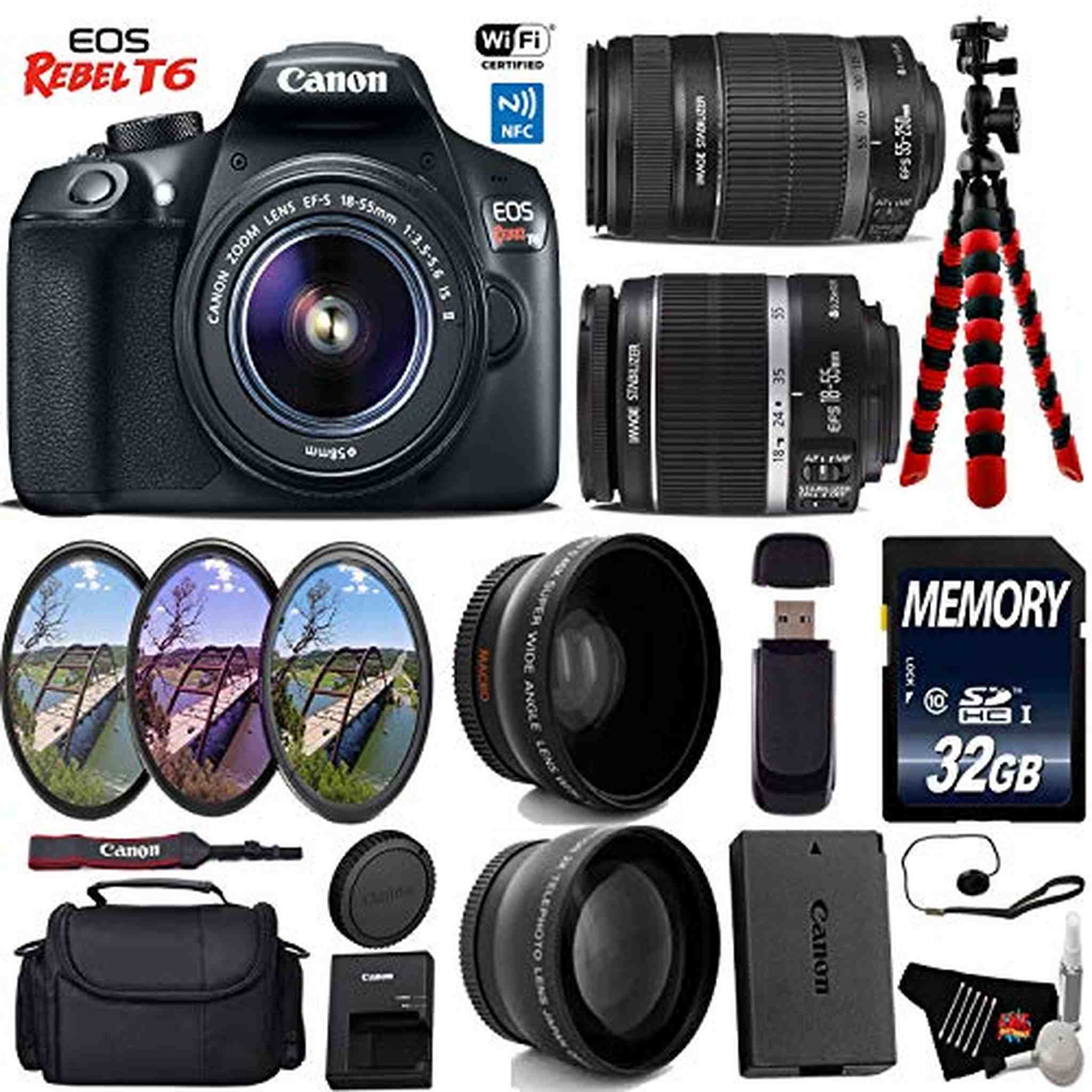 Canon EOS Rebel T6 DSLR Camera with 18-55mm is Lens & 55-250mm is II Lens + UV FLD CPL Filter Kit + Wide Angle & Telepho Canon