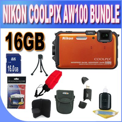 Nikon COOLPIX AW100 16 MP CMOS Waterproof Digital Camera with GPS and Full HD 1080p Video Orange + 16GB Memory Card + SDHC USB Card Reader + Floating Strap + Shock Proof Deluxe Case w/Strap + Cleani