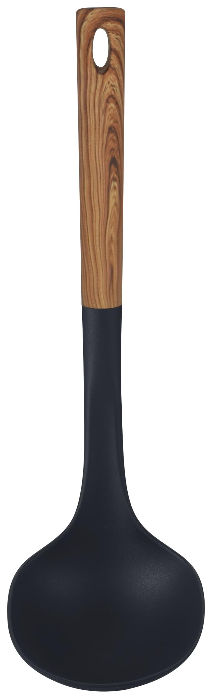 Bene Casa - Black Ladle with Wood Like Handle, Heat Resistant. Black Ladle w/Wood Like Handle, 14"