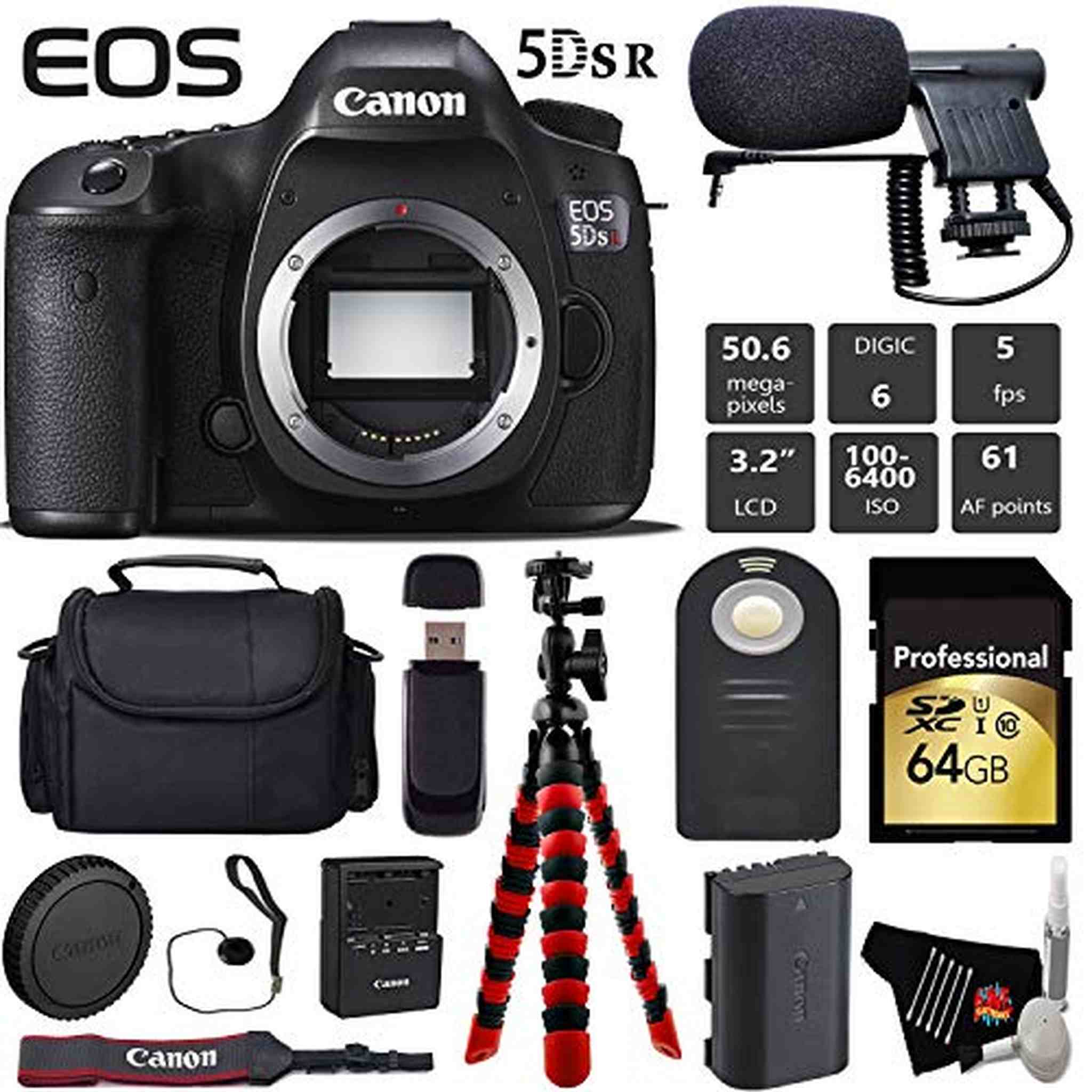 Canon EOS 5DS R DSLR Camera Body Only + Wireless Remote + Condenser Microphone + Case + Wrist Strap + Tripod Pro Bundle Canon