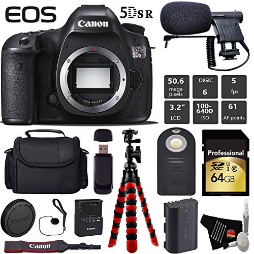 Canon EOS 5DS R DSLR Camera (Body Only) + Wireless Remote + Condenser Microphone + Case + Wrist Strap + Tripod Pro Bundle