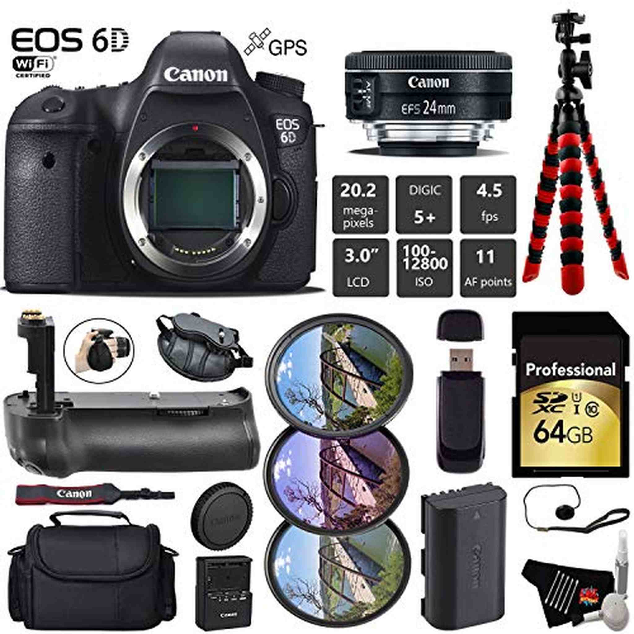 Canon EOS 6D DSLR Camera with 24mm f/2.8 STM Lens + Professional Battery Grip + UV FLD CPL Filter Kit + Case + Wrist Str Canon