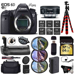Canon EOS 6D DSLR Camera with 24mm f/2.8 STM Lens + Professional Battery Grip + UV FLD CPL Filter Kit + Case + Wrist Str Canon