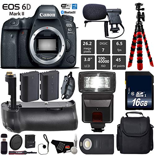 Canon EOS 6D Mark II DSLR Camera (Body Only) + Professional Battery Grip + Condenser Microphone + Flash + Extra Battery Base Bundle