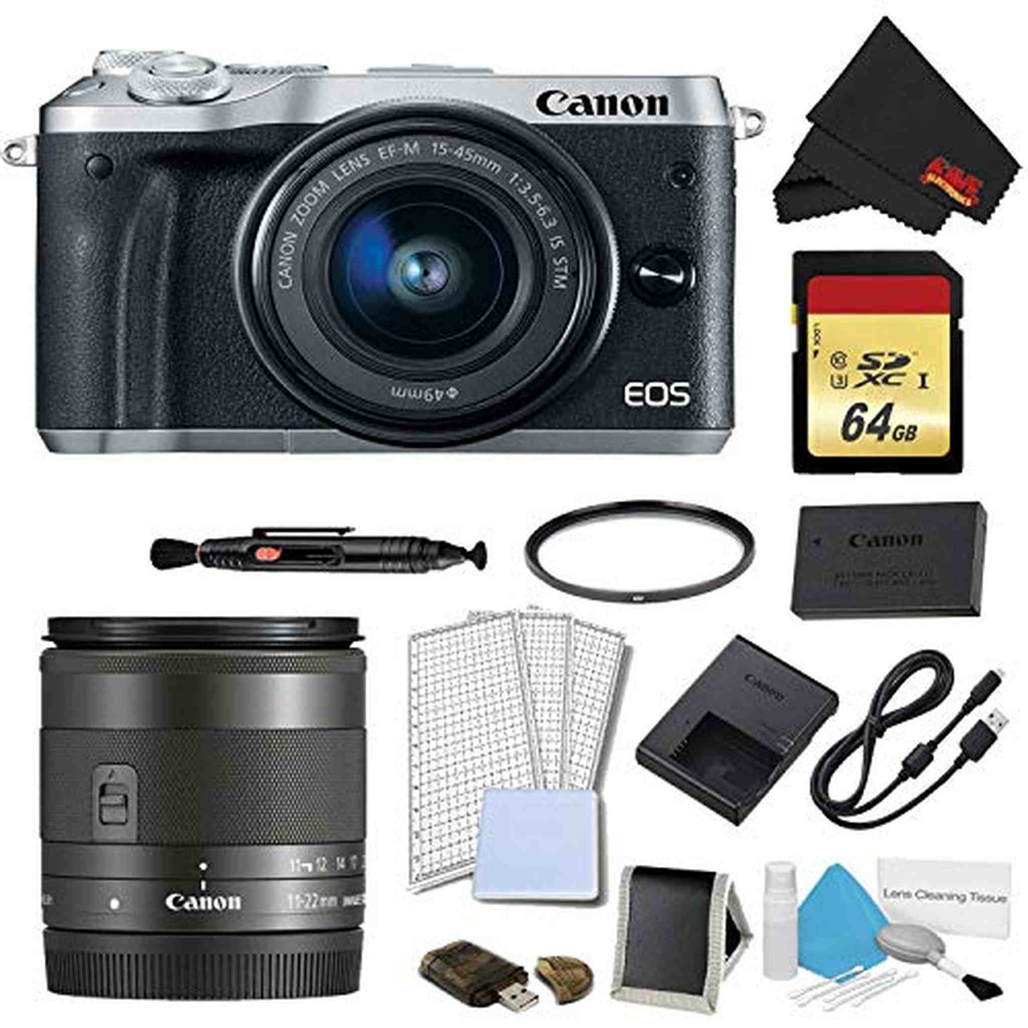 Canon EOS M6 Mirrorless Digital Camera with 15-45mm Lens Silver Plus Bundle w/Bonus EF-M 11-22MM Lens - International Canon