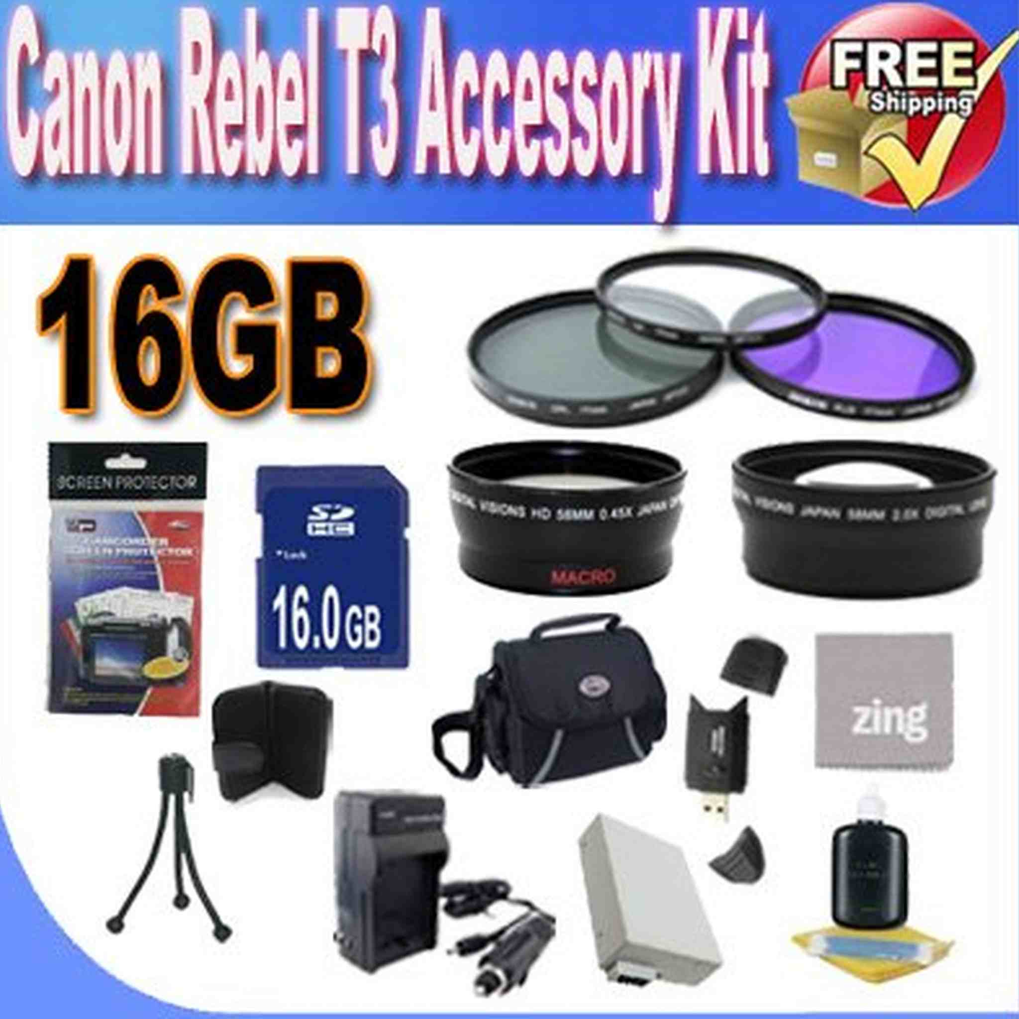 Canon T3 Accessory Saver Kit 58mm Wide Angle Lens + 58mm 2X Telephoto Lens + 58mm 3 Piece Filter Kit + 16GB SDHC Memory + Accessory Saver Bundle!