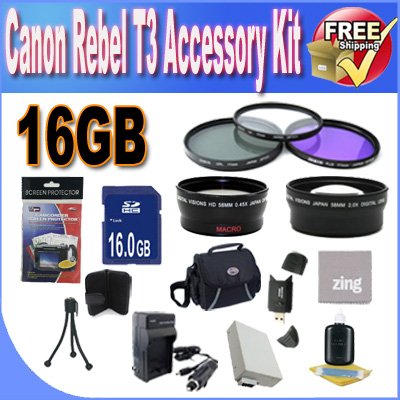 Canon T3 Accessory Saver Kit 58mm Wide Angle Lens + 58mm 2X Telephoto Lens + 58mm 3 Piece Filter Kit + 16GB SDHC Memory + Accessory Saver Bundle!