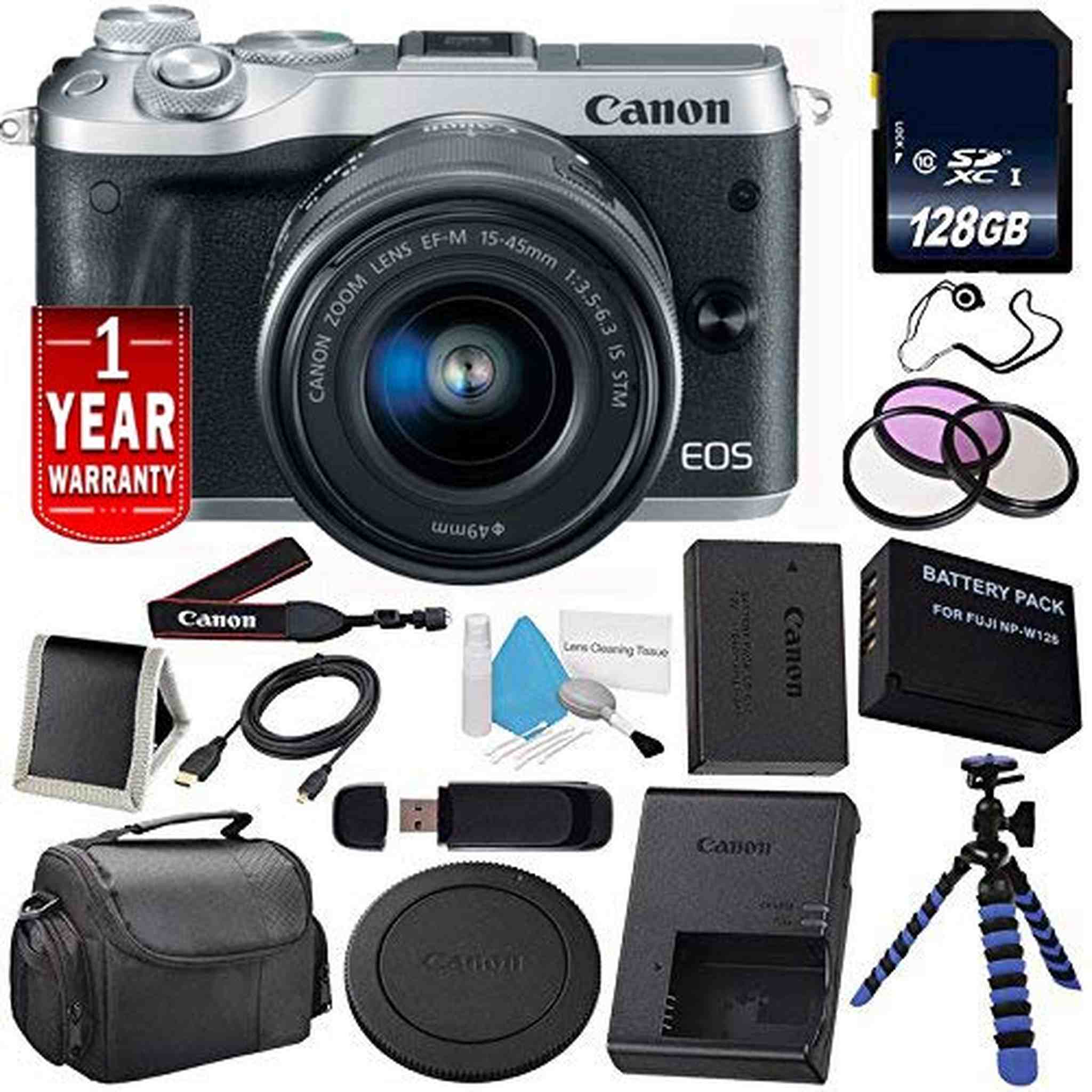 6Ave Canon EOS M6 Mirrorless Digital Camera with 15-45mm Lens Silver 1725C011 International Model + LP-E17 Replaceme