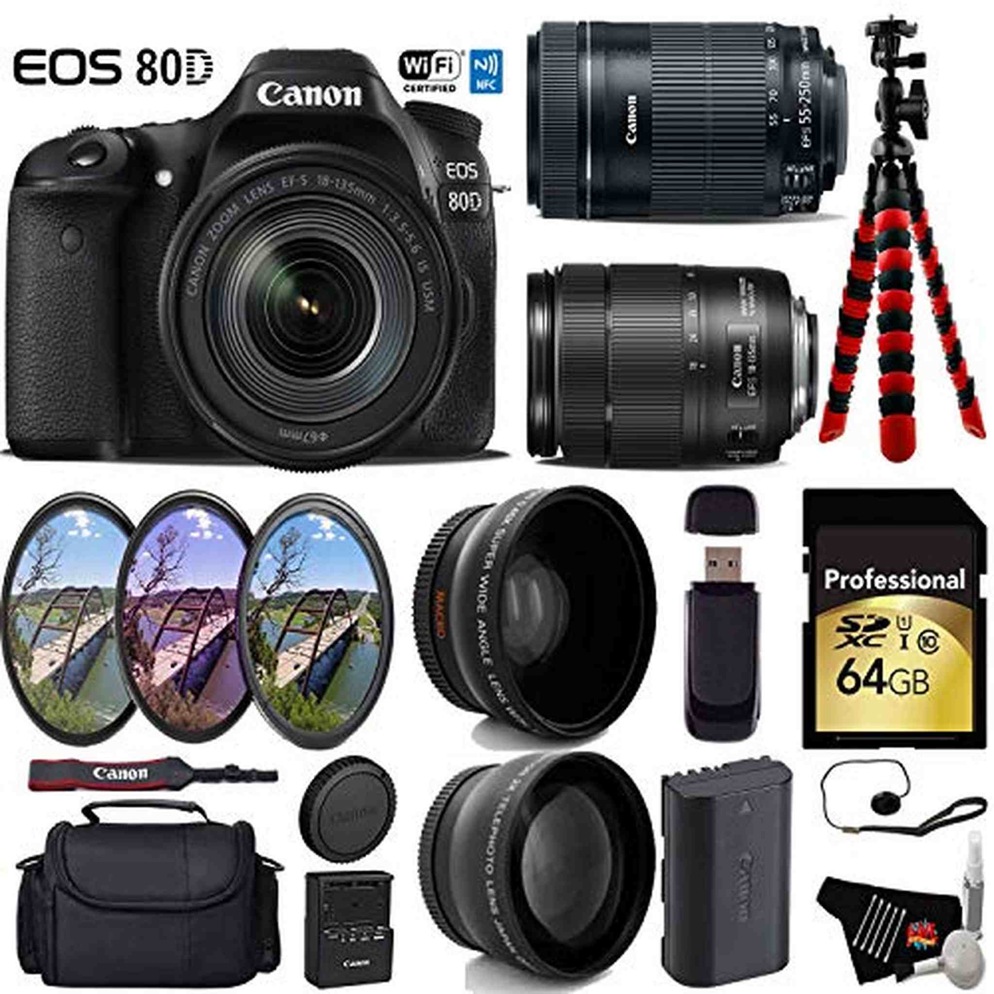 Canon EOS 80D DSLR Camera with 18-135mm is STM Lens & 55-250mm is STM Lens + UV FLD CPL Filter Kit Ultimate Bundle Canon