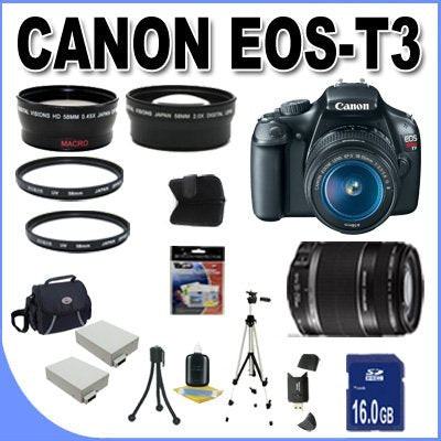 Canon EOS Rebel T3 12.2 MP CMOS Digital SLR with Canon 18-55mm IS II Lens and Canon 55-250IS Lens (Black) + 58mm Wide Angle Lens (4 Lens Kit!!!) W/16GB Memory Card +2 Extra Batteries+2 UV Filters+Case