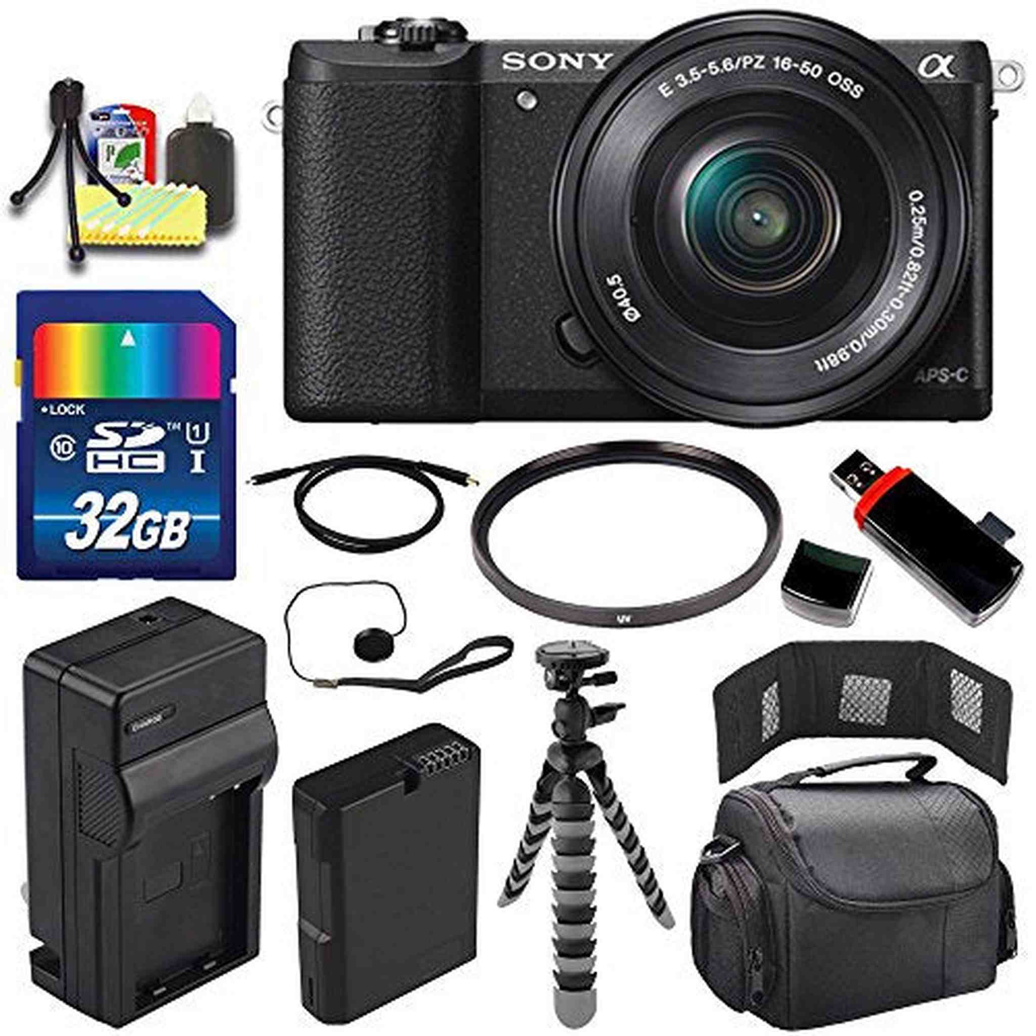 Sony Alpha a5100 Mirrorless Digital Camera with 16-50mm Lens Black + Battery + Charger + 32GB Bundle 2 - International SONY