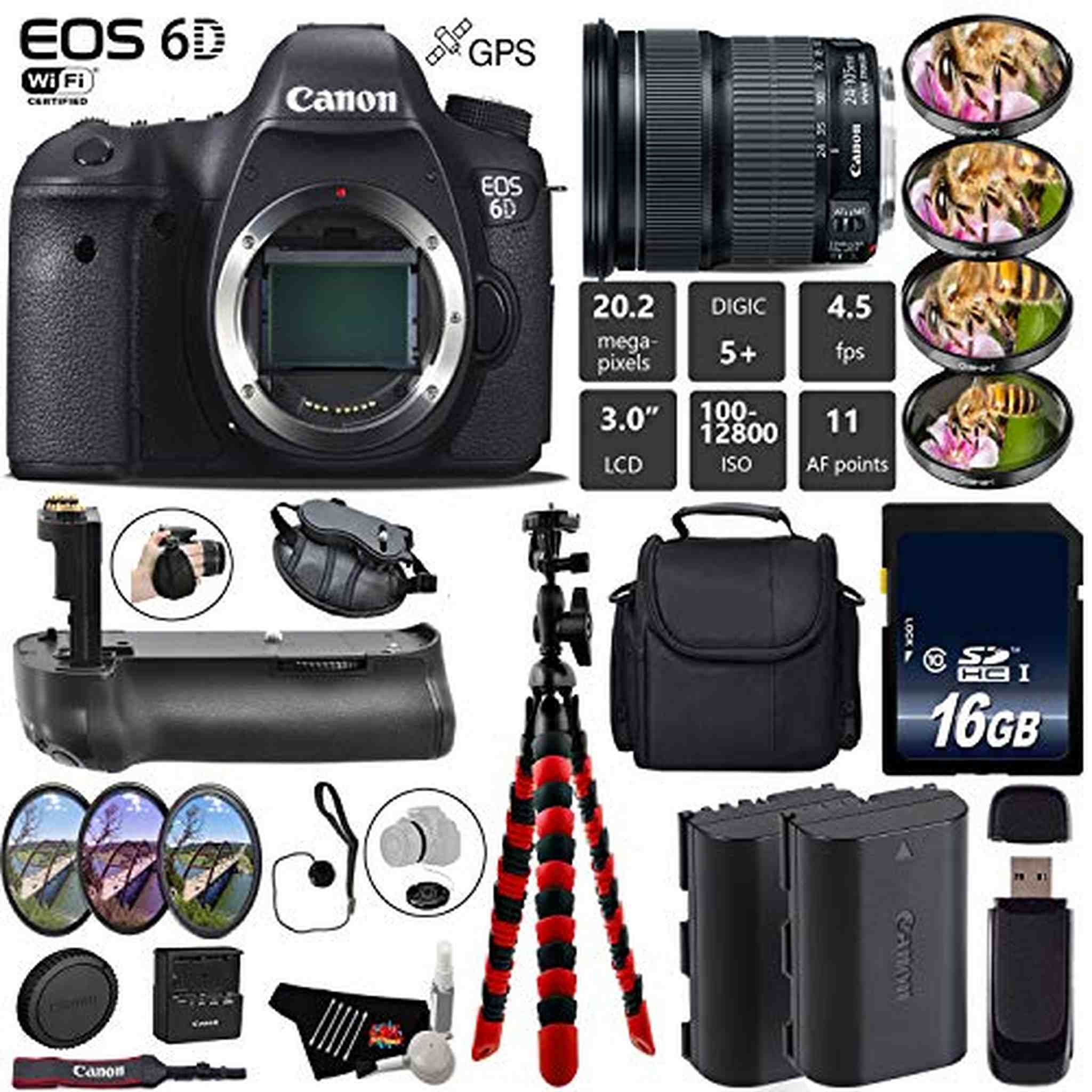 Canon EOS 6D DSLR Camera with 24-105mm is STM Lens + Professional Battery Grip + 4PC Macro Filter Kit + LED Kit + Extra Canon