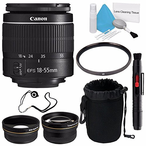 Canon EF-S 18-55mm f/3.5-5.6 III Lens (International Model) + 58mm Wide Angle Lenses + 58mm UV Filter + Deluxe Lens Pouc
