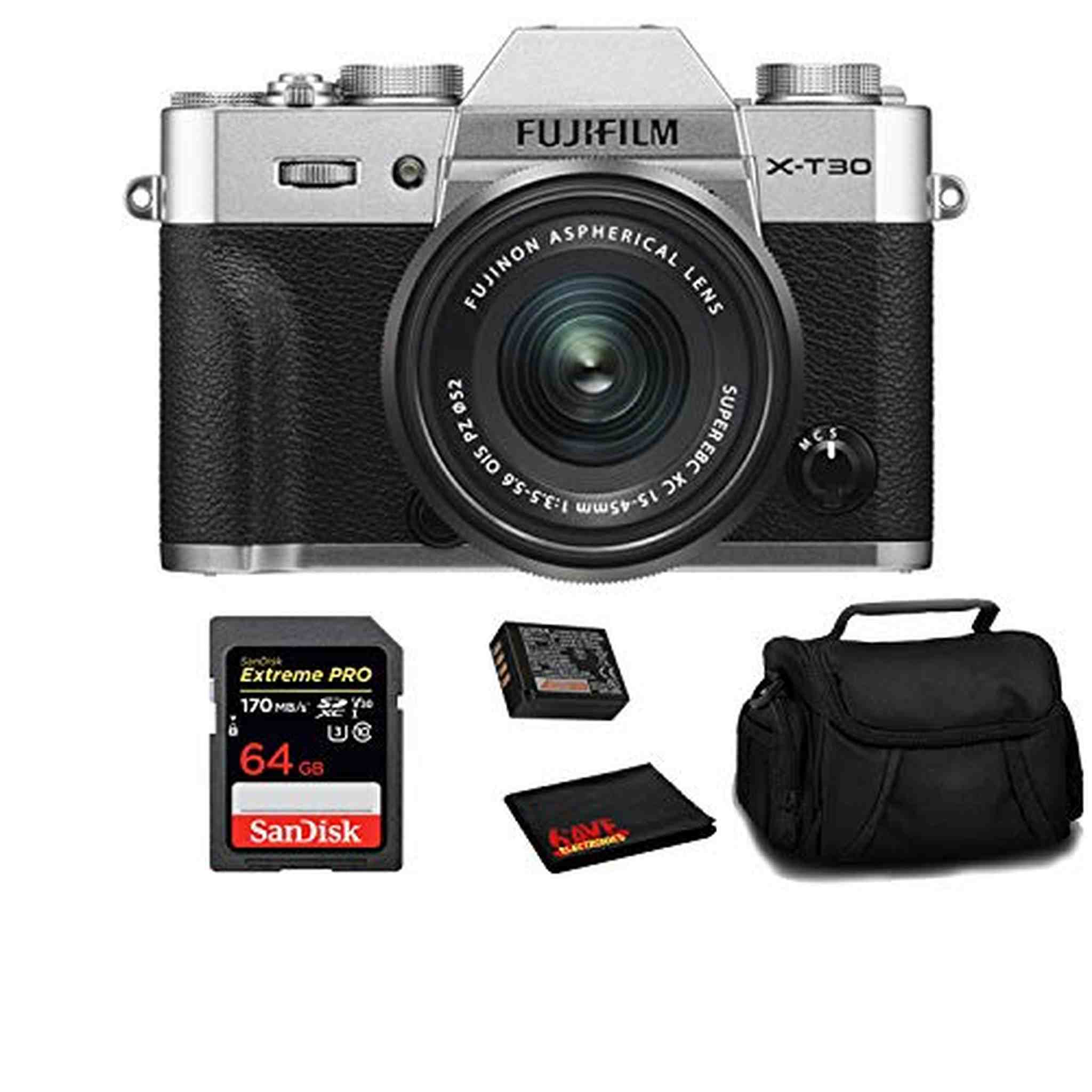 FUJIFILM X-T30 Mirrorless Camera with 15-45mm Lens Silver 16619061 with 64 GB Card