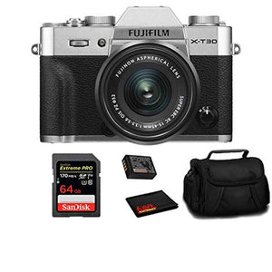 FUJIFILM X-T30 Mirrorless Camera with 15-45mm Lens Silver 16619061 with 64 GB Card
