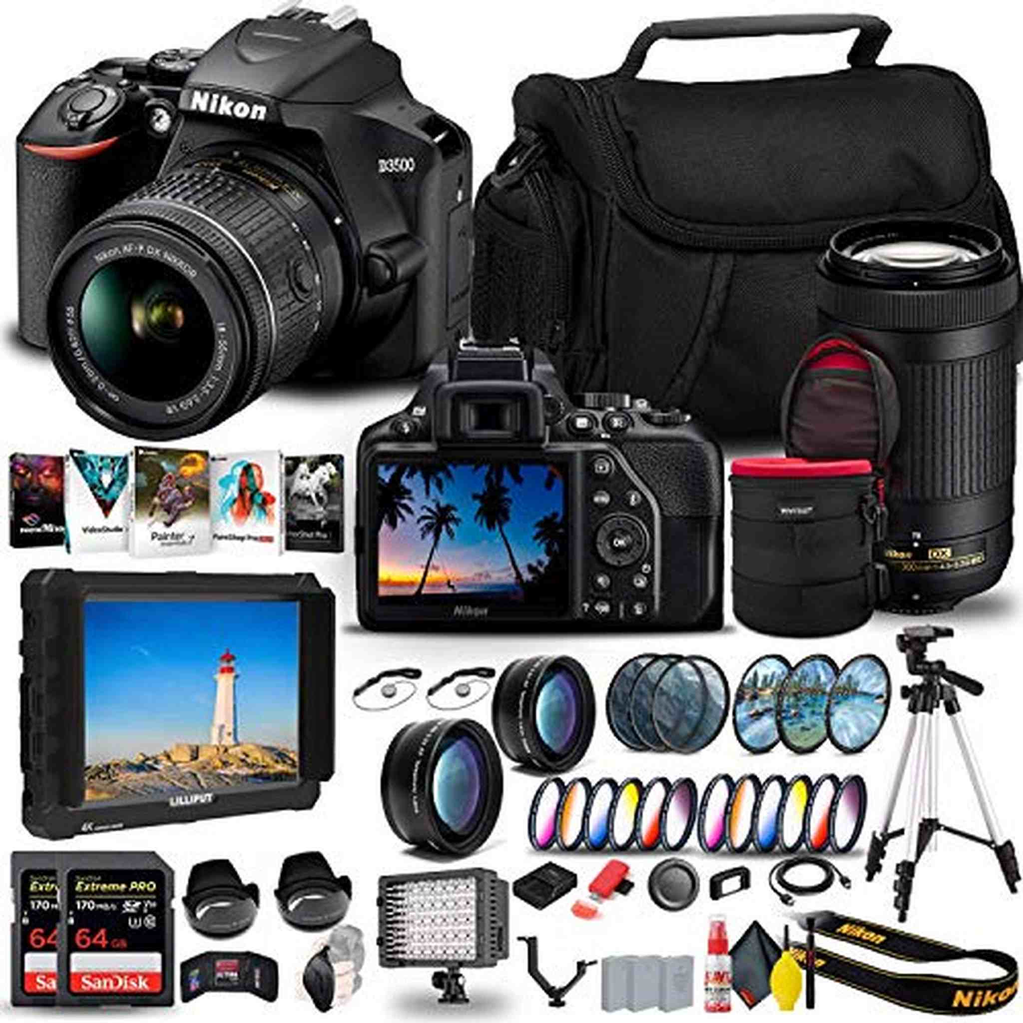 Nikon D3500 DSLR Camera with 18-55mm and 70-300mm Lenses 1588 + 4K Monitor + 2 x 64GB Extreme Pro Card + 2 x EN-EL14a Battery + Corel Software + Tripod + Case + Filter + More - International Model - Reconditioned Nikon