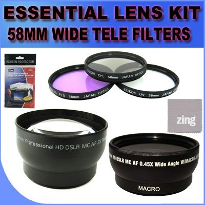 Essential Camera & Camcorder Starter kit, 58MM 0.45X High Definition Super Wide Angle Lens w/ Macro , 58MM 2X Telephoto High Definition Lens , 58MM Multi-Coated 3 Piece Filter Kit And More