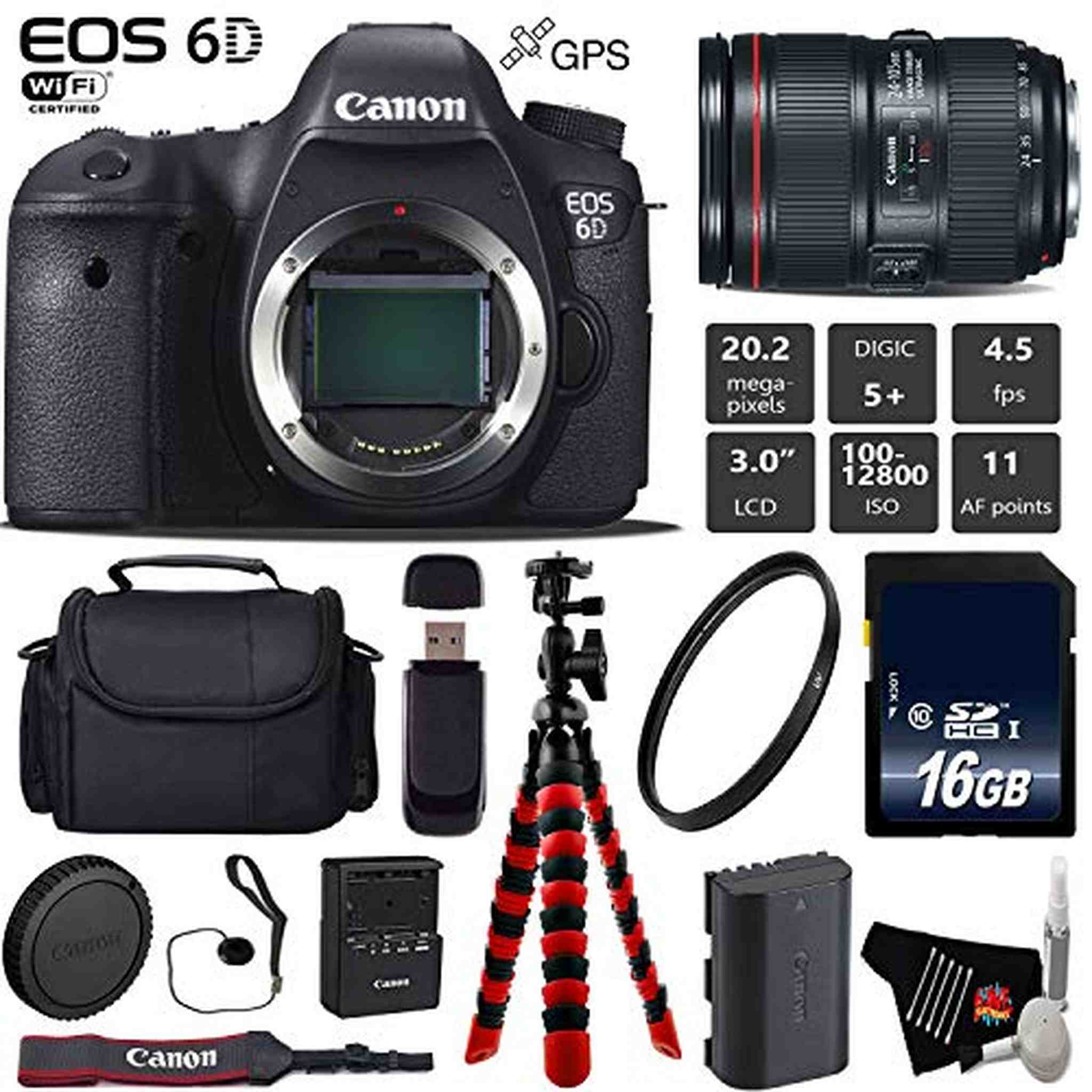 Canon EOS 6D DSLR Camera with 24-105mm f/4L II Lens + Wireless Remote + UV Protection Filter + Case + Wrist Strap + Trip