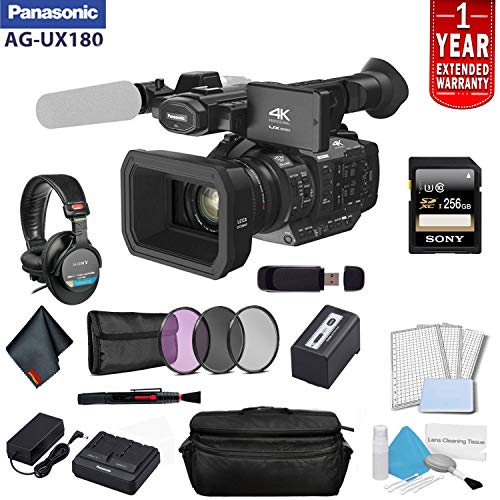 Panasonic AG-UX180 4K Premium Professional Camcorder Bundle with 1 Year Extended Warranty, Sony MDR-7506 Headphones + So