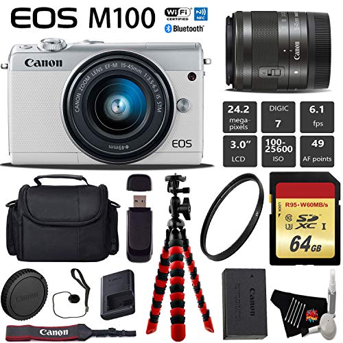 Canon EOS M100 Mirrorless Digital Camera White with 15-45mm Lens Flexible Tripod Bundle