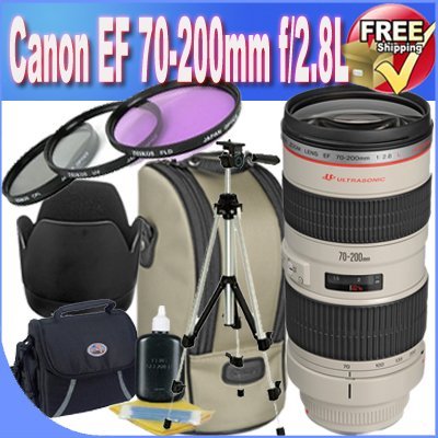 Canon EF 70-200mm f/2.8L USM Telephoto Zoom Lens + 77mm 3 Piece Professional Filter Kit + Lens Case + Professional Full Size Tripod + Shock Proof Deluxe SLR Case + Lens & Camera Cleaning Kit Bundle